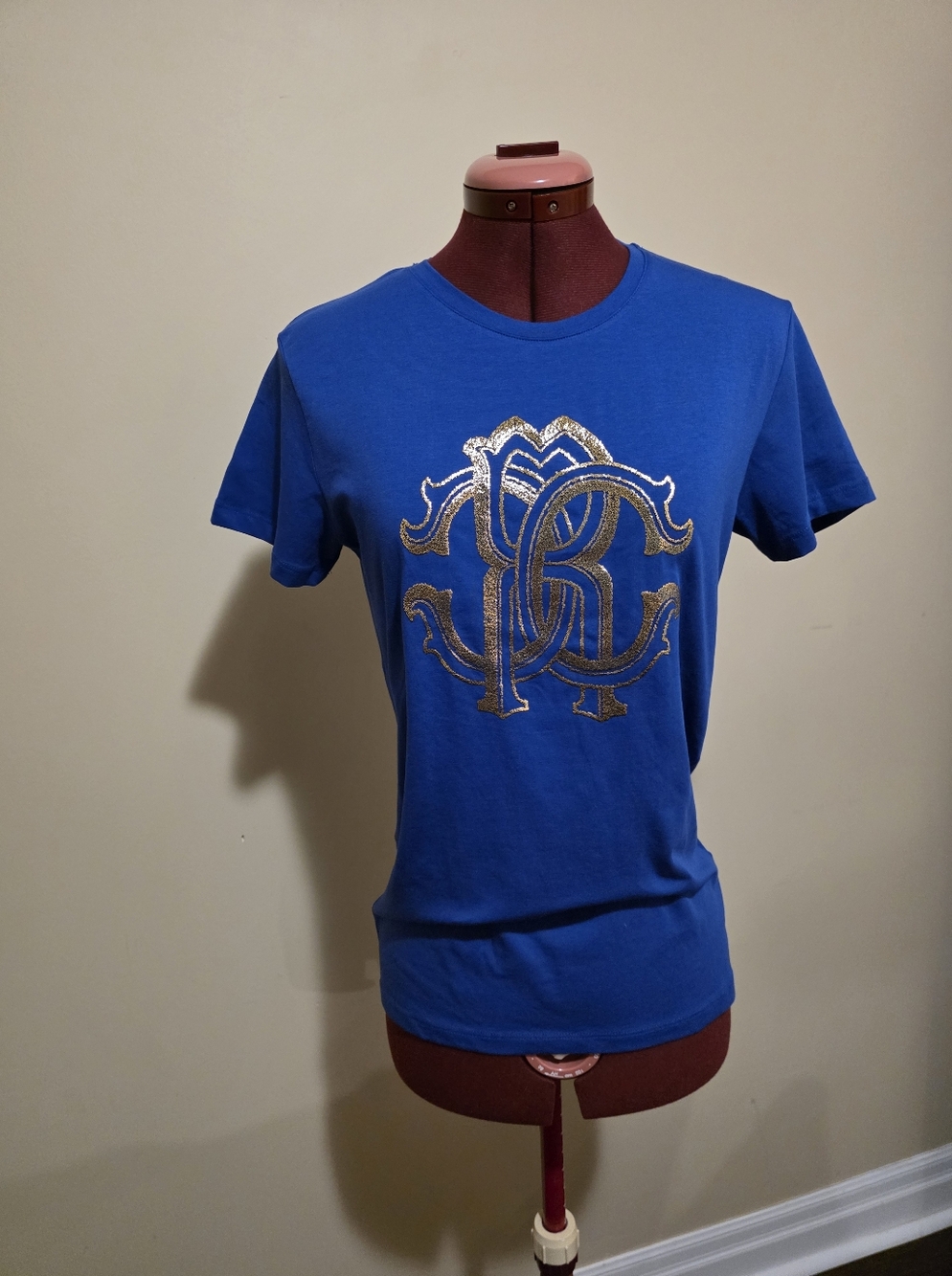 Roberto Cavalli Royal Blue Cotton Tee with Golden Branded Tag- Brand New w Tag